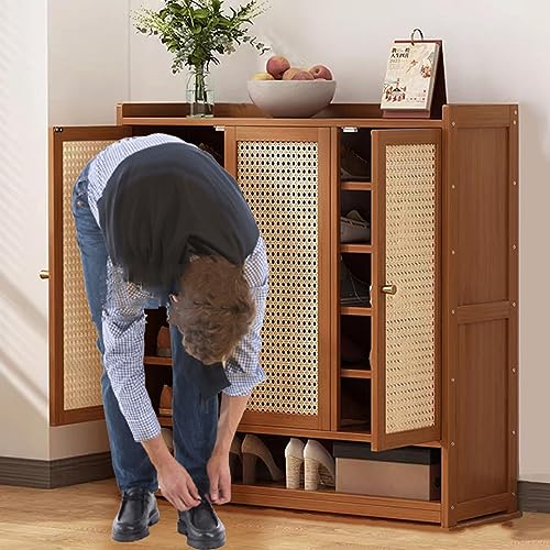 LQDMAER Bamboo Shoes Storage Cabinet with 3 Woven Rattan Doors, 7-Tiers Freestanding Shoe Rack for Entryway or Hallway, Removable Shoe Cabinet Organizer for 35 Pairs of Shoes