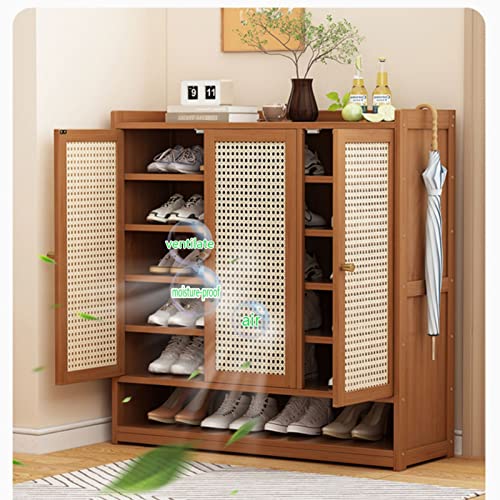 LQDMAER Bamboo Shoes Storage Cabinet with 3 Woven Rattan Doors, 7-Tiers Freestanding Shoe Rack for Entryway or Hallway, Removable Shoe Cabinet Organizer for 35 Pairs of Shoes