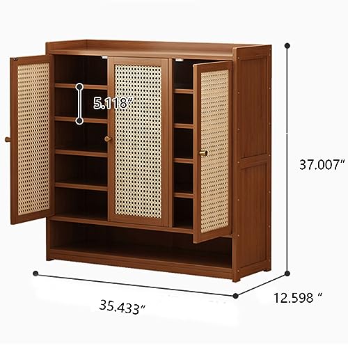 LQDMAER Bamboo Shoes Storage Cabinet with 3 Woven Rattan Doors, 7-Tiers Freestanding Shoe Rack for Entryway or Hallway, Removable Shoe Cabinet Organizer for 35 Pairs of Shoes