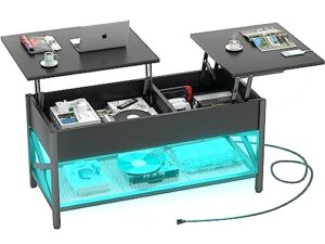 aheaplus coffee table, lift top coffee table with led light and power outlet, modern lift-top table with storage shelf, center table for living room with lift tabletop, x support, metal frame, black
