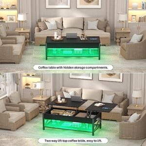 Aheaplus Coffee Table, Lift Top Coffee Table with LED Light and Power Outlet, Modern Lift-Top Table with Storage Shelf, Center Table for Living Room with Lift Tabletop, X Support, Metal Frame, Black