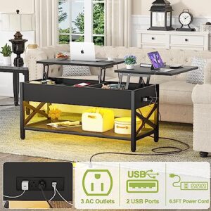 Aheaplus Coffee Table, Lift Top Coffee Table with LED Light and Power Outlet, Modern Lift-Top Table with Storage Shelf, Center Table for Living Room with Lift Tabletop, X Support, Metal Frame, Black