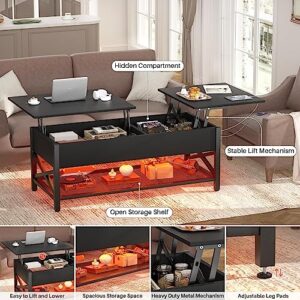 Aheaplus Coffee Table, Lift Top Coffee Table with LED Light and Power Outlet, Modern Lift-Top Table with Storage Shelf, Center Table for Living Room with Lift Tabletop, X Support, Metal Frame, Black