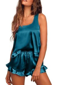 ekouaer silk pajamas set women satin sleepwear 2 piece pjs tank top and shorts sleep nightwear gift blue green m