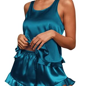 Ekouaer Silk Pajamas Set Women Satin Sleepwear 2 Piece Pjs Tank Top and Shorts Sleep Nightwear Gift Blue Green M