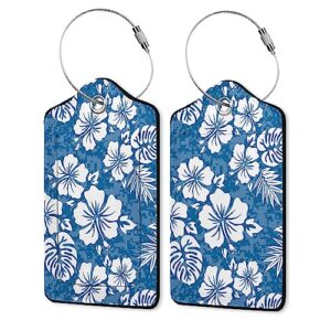 2 pack leather luggage tag for suitcase blue hawaiian hibiscus flowers tropical suitcase tag with privacy cover id label & stainless steel loop for women men suitcase baggage,travel tags for luggage