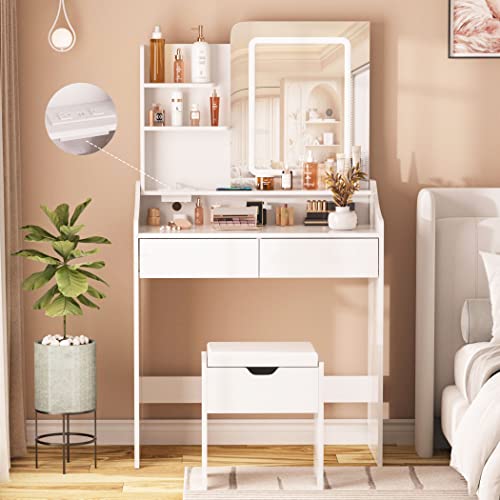 Vabches Vanity Desk with LED Light Mirror and Charging Station, Small Cute Vanity Set with 4 Storage Shelves 2 Drawers, Vanity for Girls Women with Storage Stool, Vanity Table for Bedroom (White)