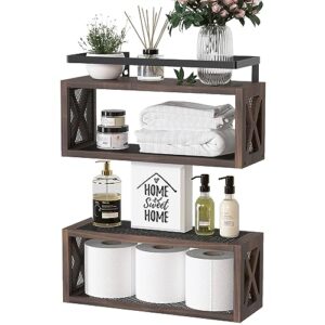richer house floating shelves with guardrail, rustic wood shelves for wall décor, farmhouse bathroom accessories wall mounted, bathroom wall organizer over toilet storage, kitchen, living room - brown