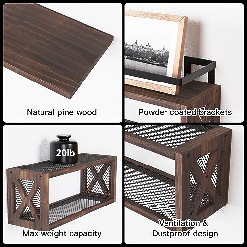 RICHER HOUSE Floating Shelves with Guardrail, Rustic Wood Shelves for Wall Décor, Farmhouse Bathroom Accessories Wall Mounted, Bathroom Wall Organizer over Toilet Storage, Kitchen, Living Room - Brown