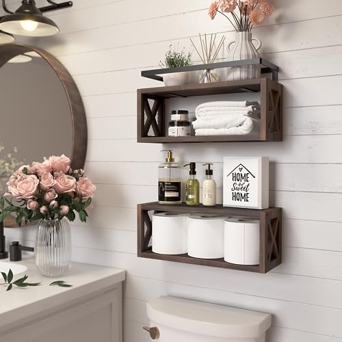 RICHER HOUSE Floating Shelves with Guardrail, Rustic Wood Shelves for Wall Décor, Farmhouse Bathroom Accessories Wall Mounted, Bathroom Wall Organizer over Toilet Storage, Kitchen, Living Room - Brown