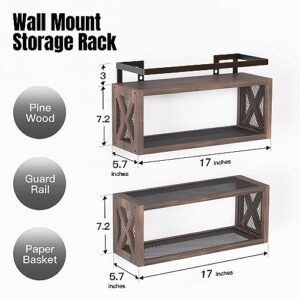 RICHER HOUSE Floating Shelves with Guardrail, Rustic Wood Shelves for Wall Décor, Farmhouse Bathroom Accessories Wall Mounted, Bathroom Wall Organizer over Toilet Storage, Kitchen, Living Room - Brown