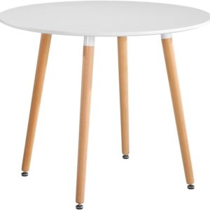 NIERN Round Dining Table with Beech Wood Legs, Modern Wooden Kitchen Table for Dining Room Kitchen (White)