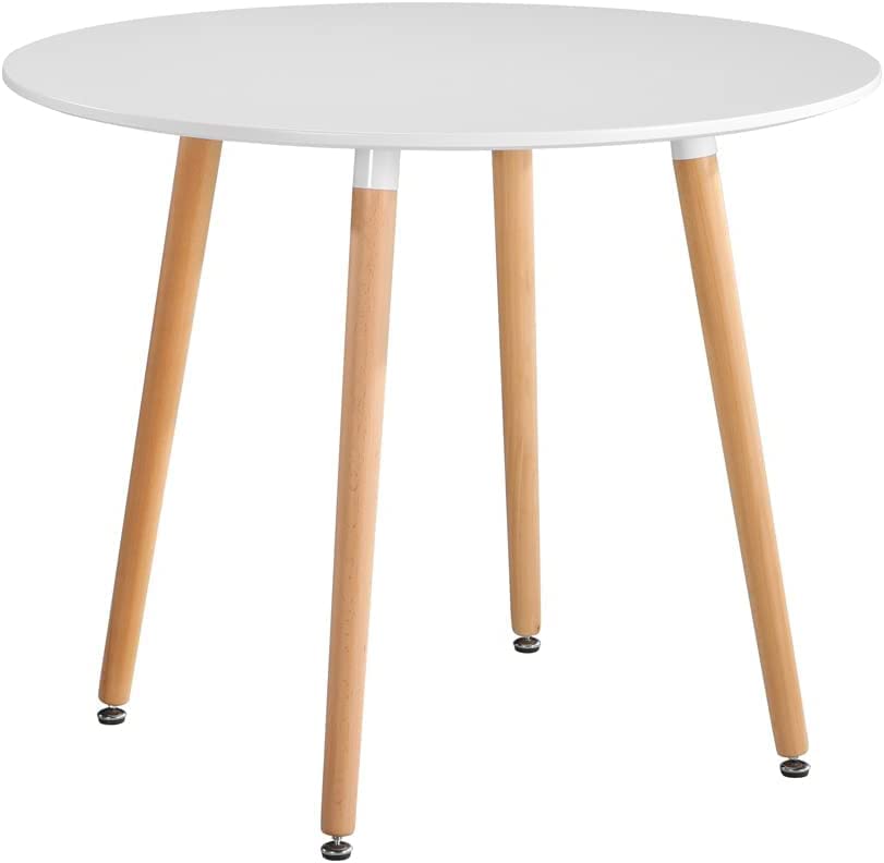 NIERN Round Dining Table with Beech Wood Legs, Modern Wooden Kitchen Table for Dining Room Kitchen (White)