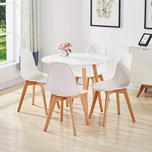 NIERN Round Dining Table with Beech Wood Legs, Modern Wooden Kitchen Table for Dining Room Kitchen (White)