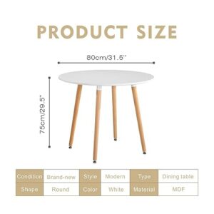 NIERN Round Dining Table with Beech Wood Legs, Modern Wooden Kitchen Table for Dining Room Kitchen (White)