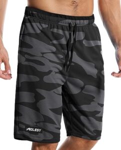 aolesy men's basketball zipper pockets 10 inch athletic lightweight mesh gym workout running shorts, camoblack, large