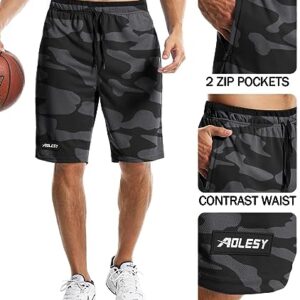 Aolesy Men's Basketball Zipper Pockets 10 inch Athletic Lightweight Mesh Gym Workout Running Shorts, Camoblack, Large