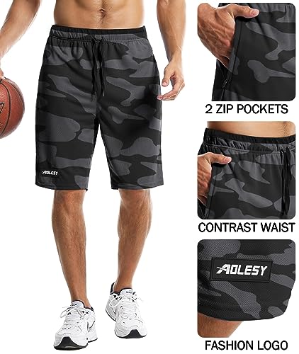 Aolesy Men's Basketball Zipper Pockets 10 inch Athletic Lightweight Mesh Gym Workout Running Shorts, Camoblack, Large