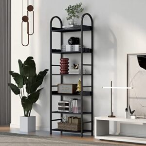 70.8 inch tall bookshelf, 6-tier bookcase shelf with round top and hooks, metal book shelf display shelf storage organizer with mdf boards & adjustable foot pads for living room home office, black