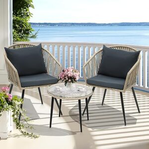 yitahome 3-piece outdoor patio furniture wicker bistro set, all-weather rattan conversation chairs for backyard, balcony and deck with soft cushions, glass side table, gray rattan