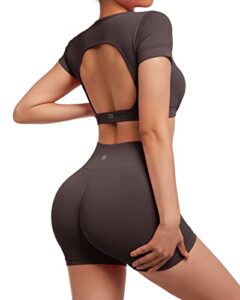 suuksess open back short sleeve scrunch butt booty shorts seamless ribbed workout sets 2 piece outfits (#1 dark brown, m)