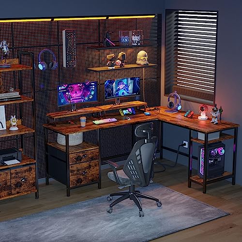 Furologee 66” L Shaped Desk with Power Outlet, Computer Desk with File Drawer & 2 Monitor Stands, Home Office Desk with Storage Shelves, Corner Desk for Gaming Writing, Work Study Table, Rustic Brown