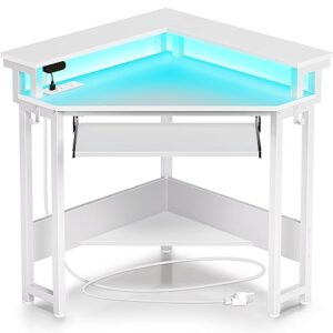 rolanstar corner desk, 44.5"w x 34.5"h small computer desk with power outlets & led lights, triangle corner computer desk with keyboard tray & monitor stand for small space, small office desk, white