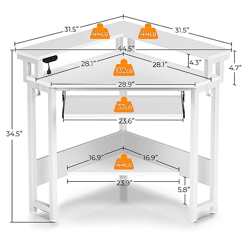 Rolanstar Corner Desk, 44.5"W x 34.5"H Small Computer Desk with Power Outlets & LED Lights, Triangle corner computer desk with Keyboard Tray & Monitor Stand for Small Space, Small Office Desk, White