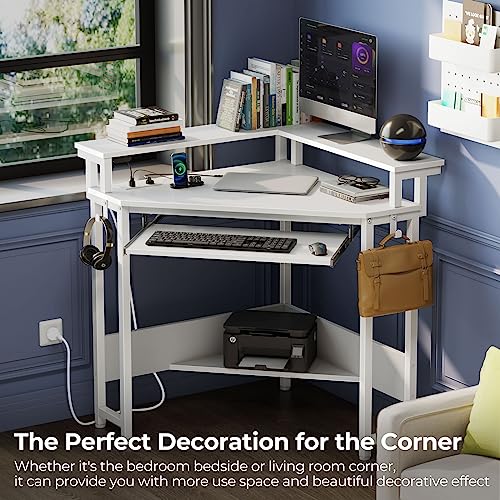 Rolanstar Corner Desk, 44.5"W x 34.5"H Small Computer Desk with Power Outlets & LED Lights, Triangle corner computer desk with Keyboard Tray & Monitor Stand for Small Space, Small Office Desk, White