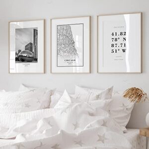 dear mapper chicago united states view abstract road modern map art minimalist painting black and white canvas line art print poster art print poster home decor (set of 3 unframed) (24x36inch)