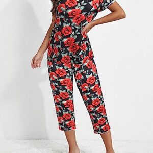 Ekouaer Women's Pajama Set Floral Print O-Neck Short Sleeves Tshirt with Capri Pants Sleepwear Pjs Sets Black Red Floral L