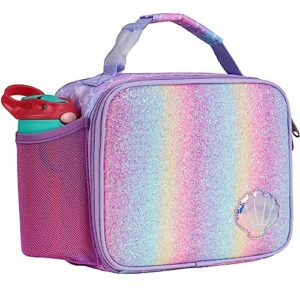 bagseri kids lunch box insulated - lunch bag for girls with buckle handle and cup holder - portable reusable toddler leak-proof lunchbox for school and daycare, glitter blue, mermaid