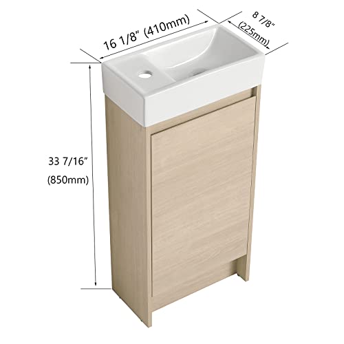 JIBIO 16" Freestanding Modern Bathroom Vanity and Sink Set,with Soft Close Doors Bathroom Storage Cabinet Bath Storage Cabinet with Ceramics Sink for Bathroom and Toilet (Plain Light Oak B)