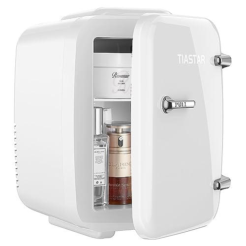 Tiastar Mini Portable Fridge, 4 Liter /6 Cans Skincare Fridge, 110V AC/ 12V DC Small Fridge for Bedroom Office Dorm, Thermoelectric Cooler and Warmer, White