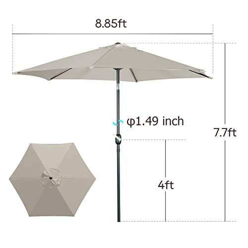 PORWEY 9' Patio Outdoor Table Umbrella Large Sun Market Umbrella with Easy Push Button Tilt and Crank, 6 Sturdy Ribs Fade Resistant Waterproof for Beach, Pool, Deck, Backyard, Tan