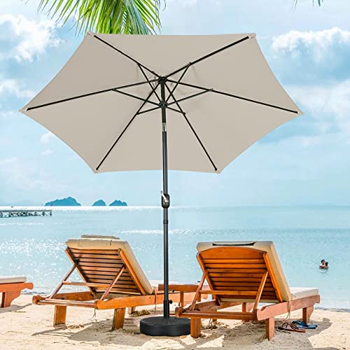 PORWEY 9' Patio Outdoor Table Umbrella Large Sun Market Umbrella with Easy Push Button Tilt and Crank, 6 Sturdy Ribs Fade Resistant Waterproof for Beach, Pool, Deck, Backyard, Tan