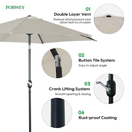 PORWEY 9' Patio Outdoor Table Umbrella Large Sun Market Umbrella with Easy Push Button Tilt and Crank, 6 Sturdy Ribs Fade Resistant Waterproof for Beach, Pool, Deck, Backyard, Tan