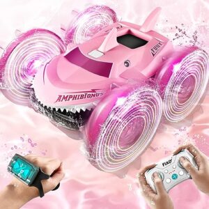 fuuy amphibious rc boat 360-degree flips waterproof remote control car monster trucks led pink 4wd roate stunt car lake pool toys for kids ages 8-12