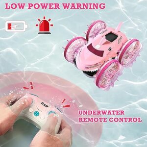 FUUY Amphibious RC Boat 360-degree Flips Waterproof Remote Control Car Monster Trucks LED Pink 4WD Roate Stunt Car Lake Pool Toys for Kids Ages 8-12