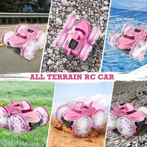 FUUY Amphibious RC Boat 360-degree Flips Waterproof Remote Control Car Monster Trucks LED Pink 4WD Roate Stunt Car Lake Pool Toys for Kids Ages 8-12