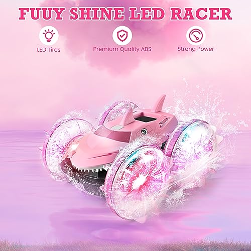 FUUY Amphibious RC Boat 360-degree Flips Waterproof Remote Control Car Monster Trucks LED Pink 4WD Roate Stunt Car Lake Pool Toys for Kids Ages 8-12