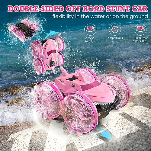 FUUY Amphibious RC Boat 360-degree Flips Waterproof Remote Control Car Monster Trucks LED Pink 4WD Roate Stunt Car Lake Pool Toys for Kids Ages 8-12