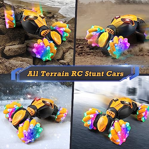 FUUY 1:18 Gesture RC Car Remote Control Car Smart Hand Controll Watch with Lights & Music Double-Sided Off Road Vehicle Cool Toys Cars for Kids 6 Year Old Boy Toys, Yellow