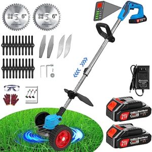 electric weed wacker cordless weed eater battery powered, 24v 2ah lightweight grass trimmer/edger lawn tool/brush cutter with 4 types blades, portable push lawn mower with wheels for garden and yard