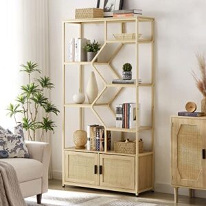masisdaoz rattan bookshelf, 75.6” tall 5-tier freestanding bookcase storage rack, with 6 display open shelves, iron frame and rattan door cabinet, boho style furniture for living room home office