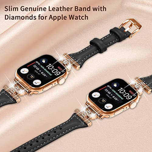 OCEBEEC Leather Band Compatible with Apple Watch Band 38mm 40mm 41mm 42mm 44mm 45mm 49mm(Ultra), Stylish Slim Leather Bands with D-Shape Diamonds for iWatch Bands Series 8 SE 7 6 5 4 3 2 1 Women