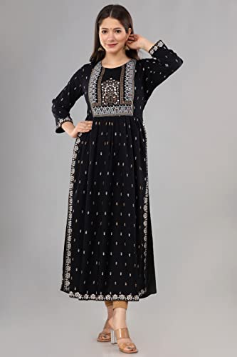 Women's Rayon Printed Nayra Cut Kurti (as1, alpha, 3x_l, regular, regular, Black)