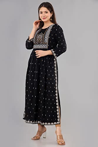 Women's Rayon Printed Nayra Cut Kurti (as1, alpha, 3x_l, regular, regular, Black)