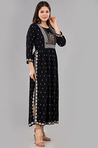 Women's Rayon Printed Nayra Cut Kurti (as1, alpha, 3x_l, regular, regular, Black)