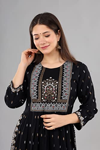 Women's Rayon Printed Nayra Cut Kurti (as1, alpha, 3x_l, regular, regular, Black)